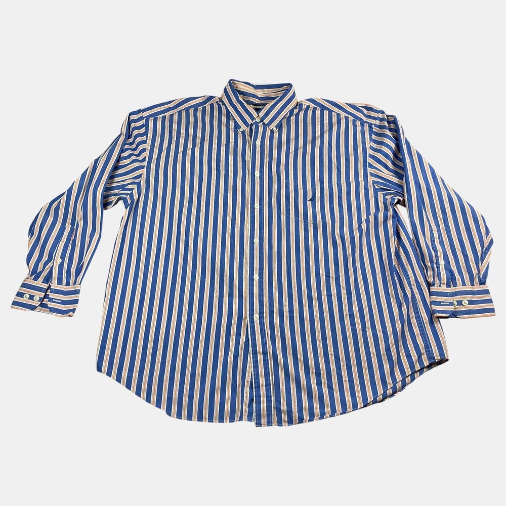 Nautica Shirt Mens Size XXL Blue Orange Striped 80s Two-Ply Cotton Button Down